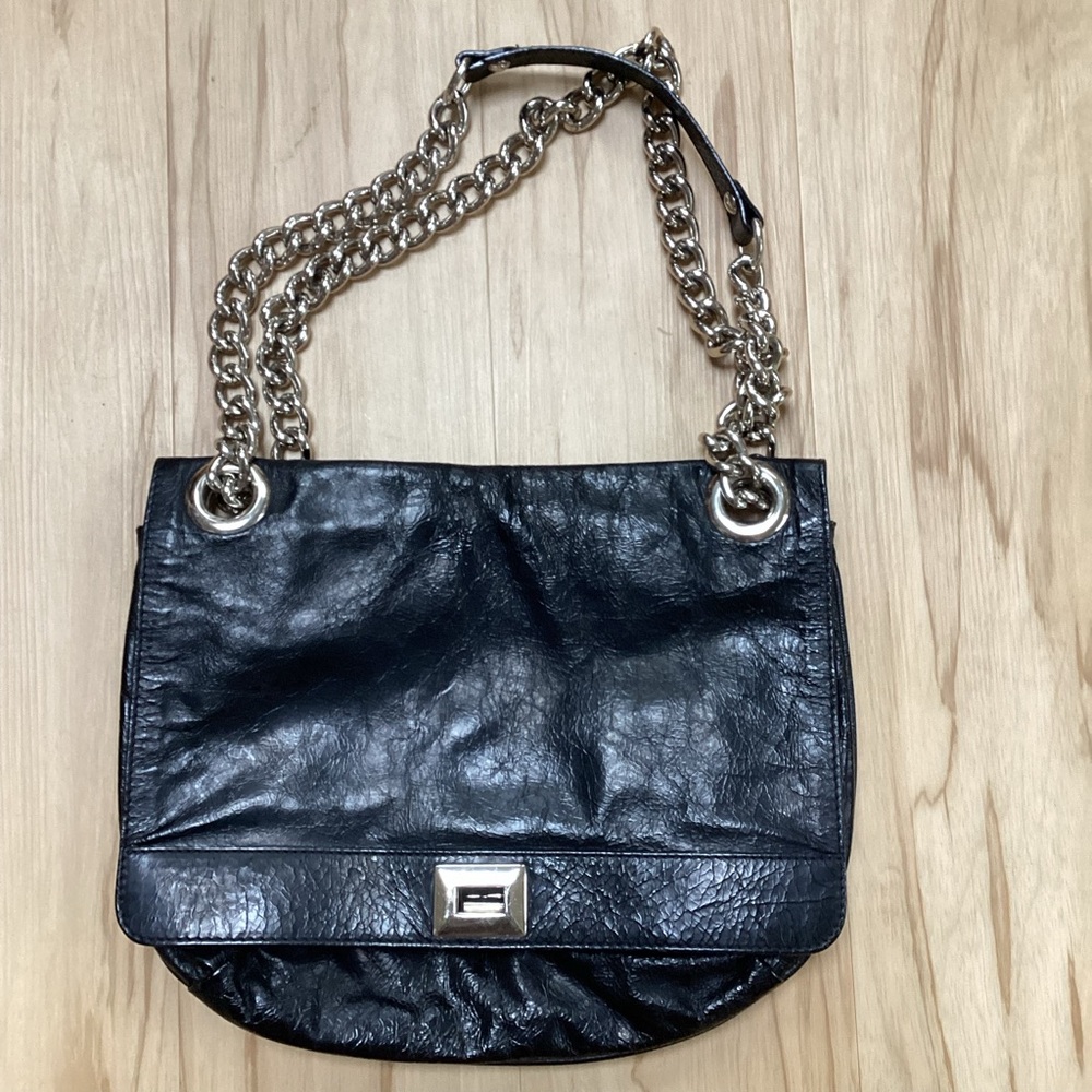 Vintage Nordstrom Crinkle Black‎ Leather Silver Hardware Chunky Chain  Bag Purse